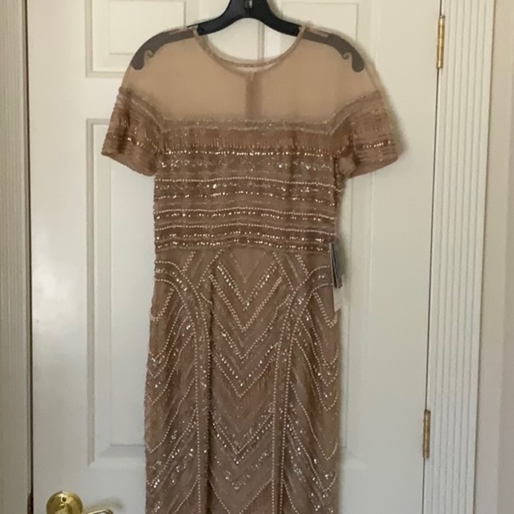 Theia Couture Gown Champaign color Pearl Gold silver beads very good condition